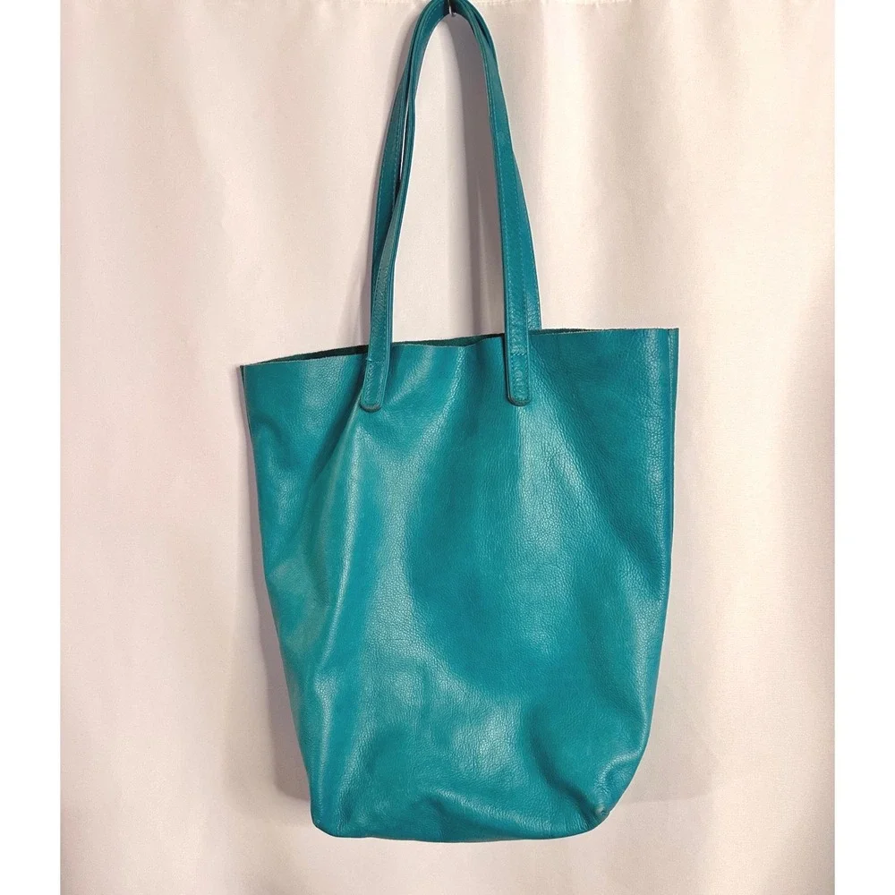 BAGGU Vintage Leather Tote Bag Rare Turquoise Blue